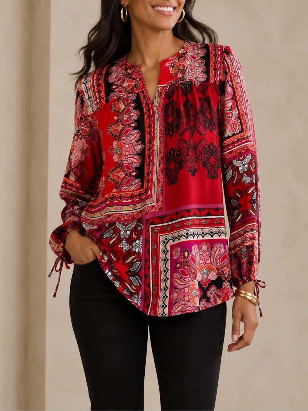 Chico’s Red Patchwork Paisley Peasant Blouse Split Neck Boho Scarf Print Top XL